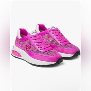 NWT Jimmy Choo Memphis Leather and Fishnet Sneakers in Fuchsia and White Sz 7.5